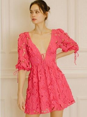 Storia Women’s Floral Eyelet Mini Dress V-Neck Party in Hot Pink M